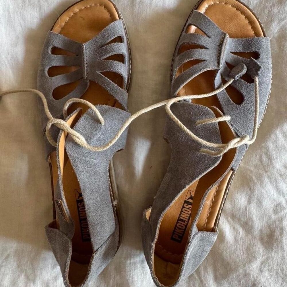 Pikolinos Alcudia Laser Cut Leather Suede Lace Up Gray Peep Toe Boho Sandal